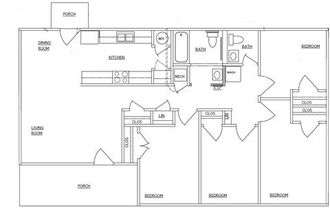 Floor plan for 4 beds, 2 baths, 1381 sqft